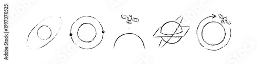 Hand-drawn set of space exploration icons featuring planets, orbits, and satellites in a grunge, minimalist sketch style. Ideal for science, astronomy, and technology designs.