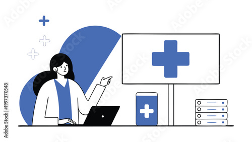 Female Doctor Pointing at Computer Monitor with Medical Cross and Heart Rate abstract concept vector illustrations, black and blue vector art