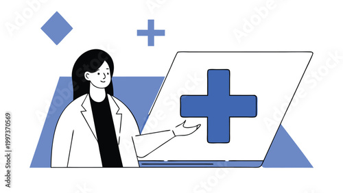 Female Doctor Pointing at Computer Monitor with Medical Cross and Heart Rate abstract concept vector illustrations, black and blue vector art