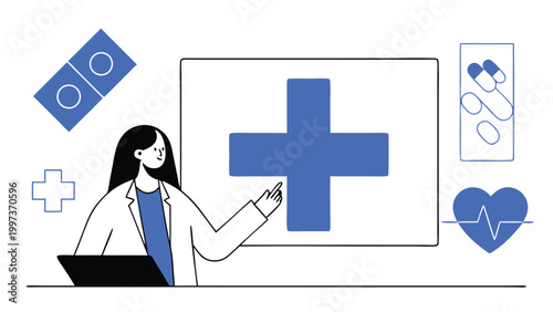 Female Doctor Pointing at Computer Monitor with Medical Cross and Heart Rate abstract concept vector illustrations, black and blue vector art