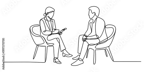 Continuous line drawing of a professional therapist listening to a patient during a counseling session in an office chair Vector, illustration