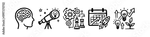 Set of five hand-drawn business strategy and growth icons featuring a human brain, vision telescope, chess pieces, project calendar with rocket, and growing plant ideas.