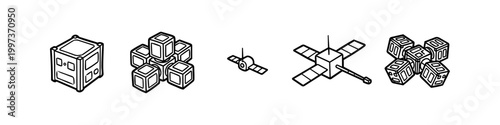 Set of isometric line art illustrations of CubeSats and modular nanosatellites, featuring various designs of small spacecraft and orbital components on a white background.