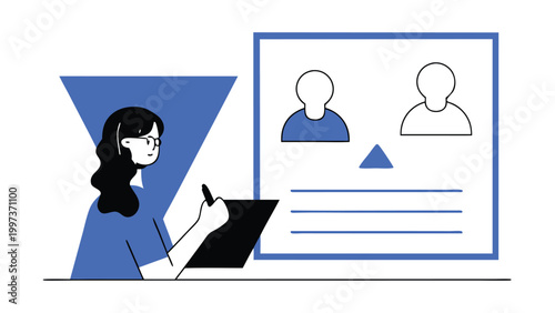 Female Graphic Designer Drawing on Digital Tablet with Stylus and Books  abstract concept vector illustrations, black and blue vector art