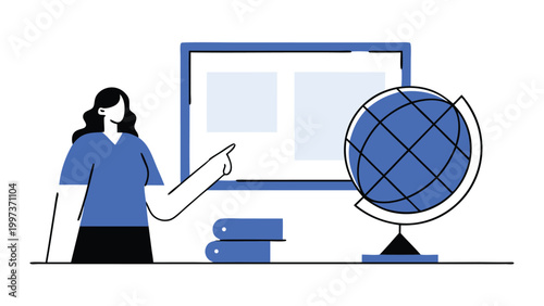 Professional Woman Presenting Global Strategy and World Geography with Desk Globe abstract concept vector illustrations, black and blue vector art