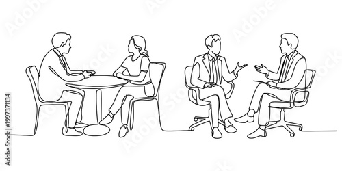 Continuous single line drawing of business people sitting at tables having a professional meeting and talking in an office environment Vector, illustration