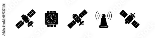 Set of black and white technology icons including satellites, a signal transmitter, and a clock, ideal for representing communication, space exploration, and time tracking themes.