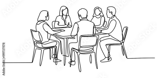 Group of business people having a professional meeting sitting at a table in a continuous one line drawing style illustration Vector, illustration