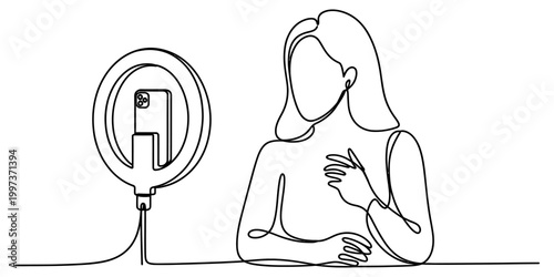 Continuous single line drawing of a young woman using a smartphone on a ring light stand to record a video for social media content Vector, illustration