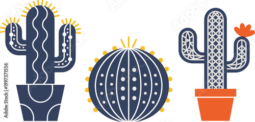 Abstract geometric cactus plant collection featuring dark blue texture design, succulent botanical illustration with minimalist geometric forms, isolated background houseplant concept, 