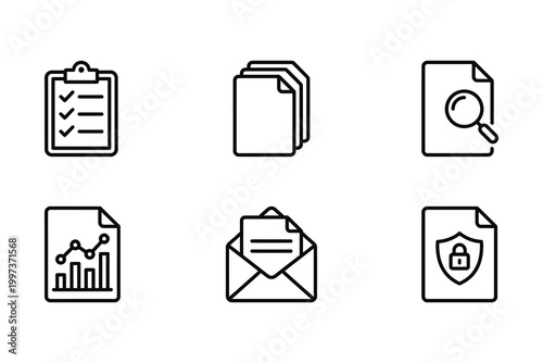 Modern minimalist line icons set featuring documents folders and reports for business projects