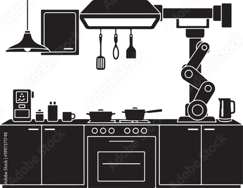 Black and white kitchen with robotic arm and cooking utensils