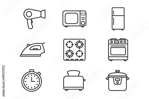 Modern minimalist line icons of home appliances and kitchen tools vector illustration set