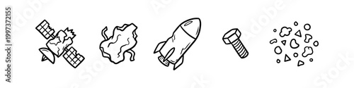 Collection of hand-drawn icons showing space debris and orbital junk, including a damaged satellite, rocket, bolt, and fragments. Perfect for space pollution and environmental concepts.