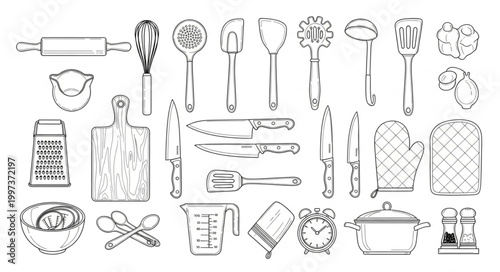 Collection of Kitchen Utensils and Tools Hand Drawn Sketch.
