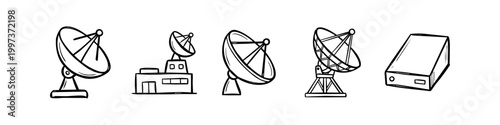 Hand-drawn set of satellite dish and receiver icons in a minimalist black line art doodle style, perfect for telecommunications, technology, and broadcasting themes.