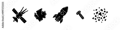 Set of black silhouette icons representing space debris, including a broken satellite, rocket, metal bolt, and floating fragments. Ideal for concepts about orbital pollution and space waste.