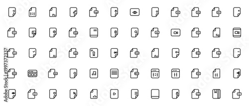 File type icon set. Vector file format symbols collection. Includes File, PDF, JPG, ZIP, MPG, PNG, APK, GIF, DOC and more. Editable stroke line icons.