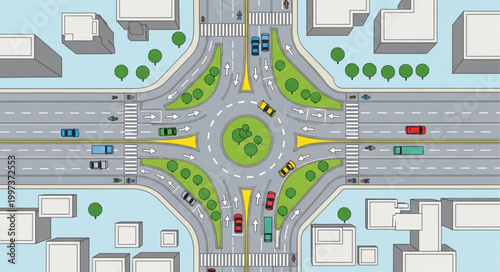 Aerial View of a Busy Roundabout Intersection with Traffic Flow.