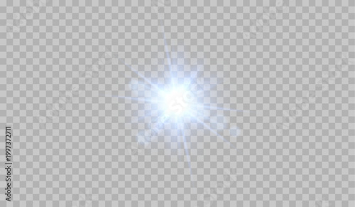 Intense flash of blue light with rays resembling starbursts on a transparent background. glowing sun flash with lens reflection. sparkling background.