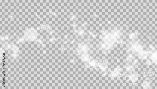 Sparkling silver dust with a soft glow against a light background with a bokeh effect. Stardust flares, sparkles, lens flare, and lens flare enhance the magic of this festive vector illustration.