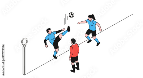 Soccer Players Kicking and Heading the Ball During a Game.