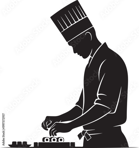 Black silhouette of chef preparing sushi cooking food kitchen
