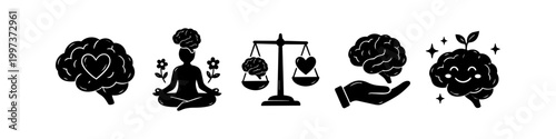 Set of black mental health and psychology icons featuring brain with heart, meditation, balance scales, support, and growth symbols in silhouette style. Ideal for wellness and therapy themes.