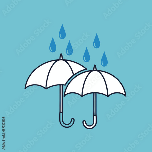 Two white umbrellas in rain shower.