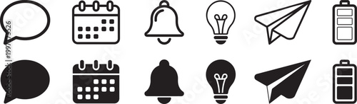 Set of simple communication and utility icons in outline and filled styles on white
