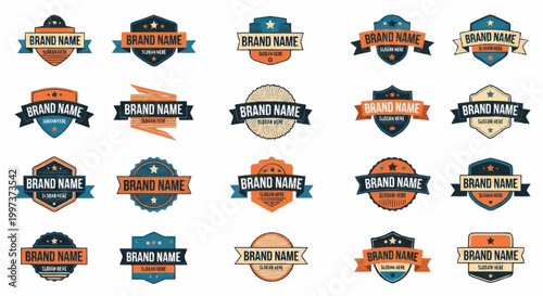 Collection of vintage brand name emblems and badges.