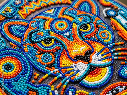 Authentic huichol beadwork art depicting a colorful jaguar