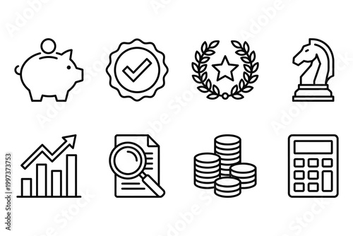 Collection of minimalist business and finance icons including piggy bank trophy and calculator vector set