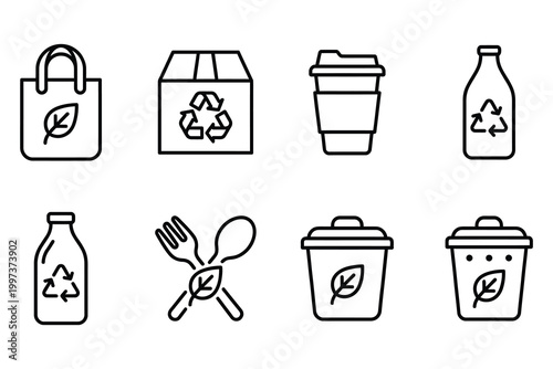 Collection of ecofriendly icons including recyclable products compostable cutlery and biodegradable packaging elements