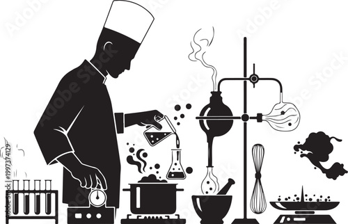 Chef in lab coat pouring liquid from beaker into pot kitchen