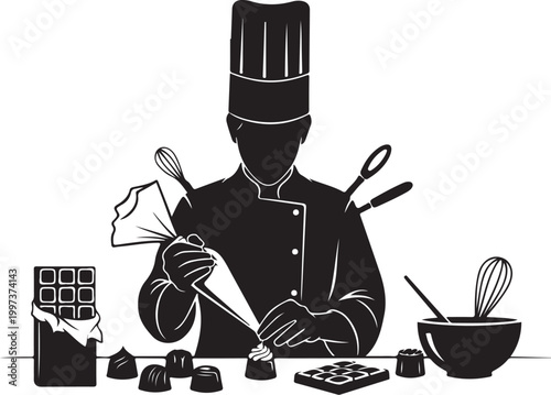 Chef piping chocolate onto desserts with tools and cooking
