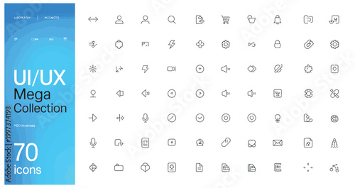 Mega collection of 70 UI/UX icons for web and app design, featuring diverse interface elements.