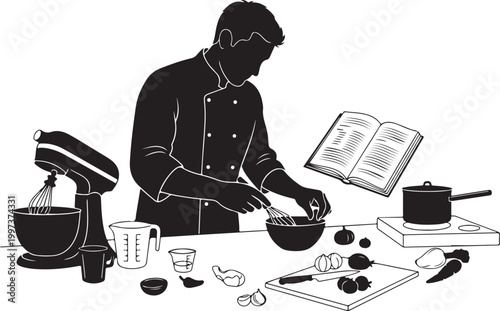 Chef preparing ingredients in kitchen with cookbook