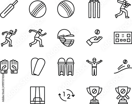 A collection of outline icons representing essential cricket equipment and various match actions for sports enthusiasts