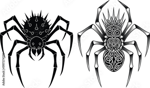 Set of two black spider silhouettes with spiked shell and ornamental tribal patterns isolated on white for decorative halloween design.