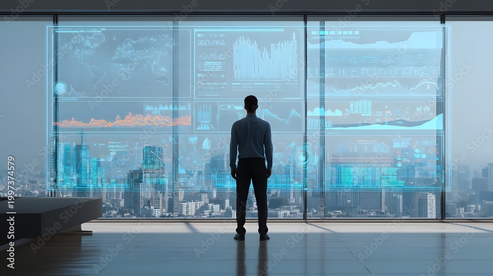 Fototapeta premium A lone businessman surveys a futuristic city skyline filled with glowing holographic financial data displays and charts, representing corporate growth and economic analysis