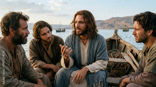 Jesus teaching disciples in boat on sea, medium close-up, calm authority, serene biblical scene