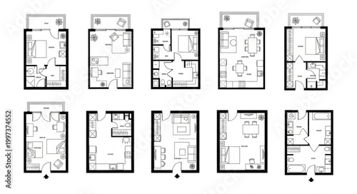 Collection of diverse apartment floor plans presented in a grid layout.