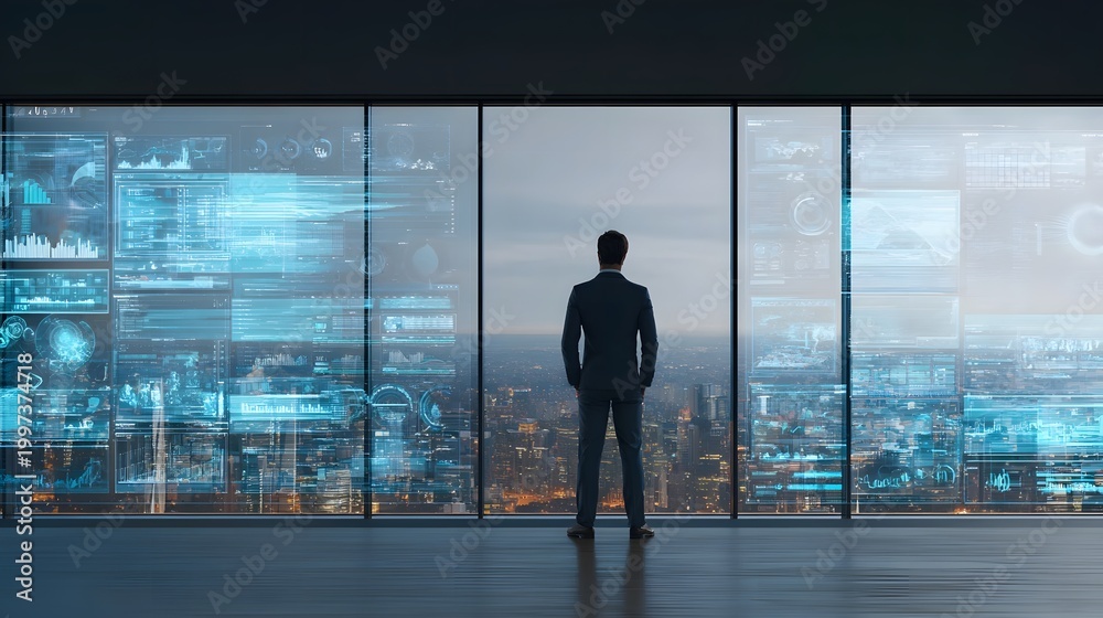 Fototapeta premium Businessman looking at glowing futuristic city data displays through a modern office window, representing corporate vision and technological advancement in a smart city