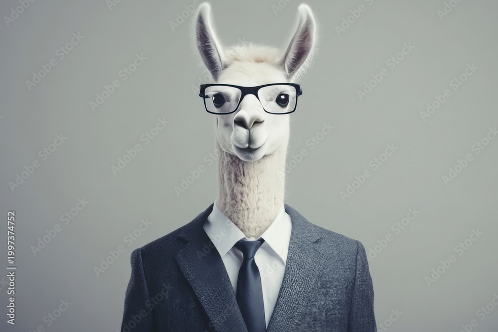 Fototapeta premium White llama in formal suit and glasses poses for studio portrait as if ready for business meeting or interview