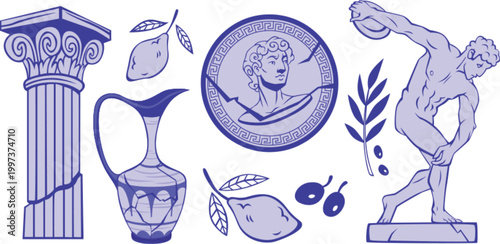 Hand drawn ancient civilization symbols with laurel wreath and greek amphora vector