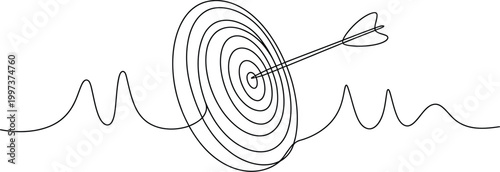 Single continuous line drawing of a target board with an arrow hitting the bullseye representing business success and achieving goals.