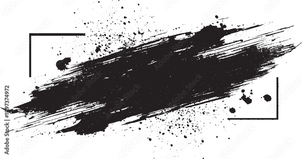 Obraz premium Brush black paint ink stroke over square frame Ink brushstroke and paintbrush template with splashes grunge. Vector set black ink brush stroke.. Vector illustration