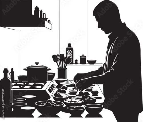Man preparing food in a kitchen with various dishes and