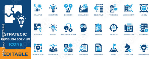 Strategic problem solving icon set featuring analysis, creativity, decision making, challenge, objective, brainstorming, logic, implementation, and innovation symbols for business..